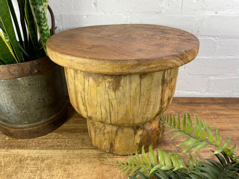 Vintage Rustic Wabi Sabi Indian Wooden Mortar Side Lamp Drinks Table Plant Stand
