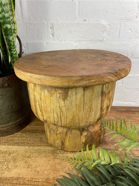 Vintage Rustic Wabi Sabi Indian Wooden Mortar Side Lamp Drinks Table Plant Stand