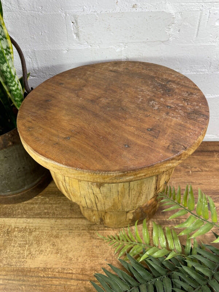 Vintage Rustic Wabi Sabi Indian Wooden Mortar Side Lamp Drinks Table Plant Stand