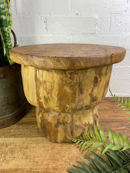 Vintage Rustic Wabi Sabi Indian Wooden Mortar Side Lamp Drinks Table Plant Stand