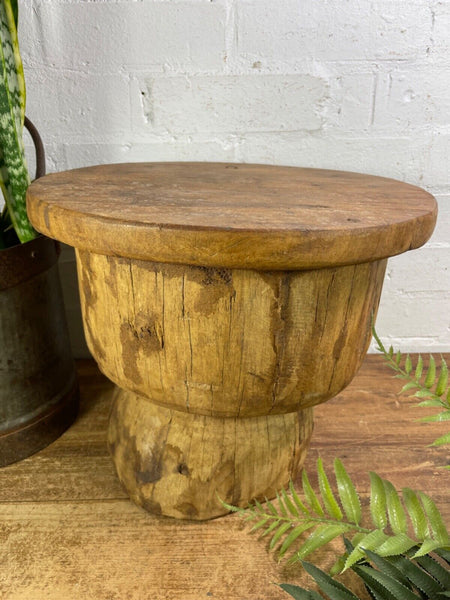 Vintage Rustic Wabi Sabi Indian Wooden Mortar Side Lamp Drinks Table Plant Stand