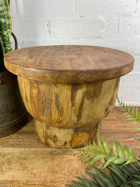 Vintage Rustic Wabi Sabi Indian Wooden Mortar Side Lamp Drinks Table Plant Stand