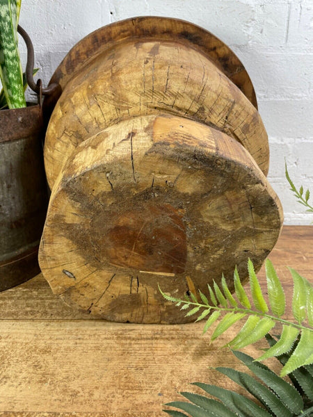 Vintage Rustic Wabi Sabi Indian Wooden Mortar Side Lamp Drinks Table Plant Stand