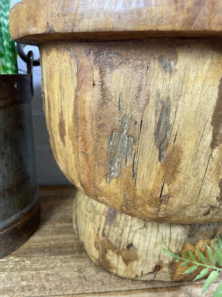 Vintage Rustic Wabi Sabi Indian Wooden Mortar Side Lamp Drinks Table Plant Stand
