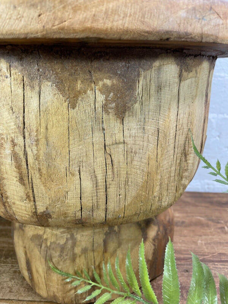 Vintage Rustic Wabi Sabi Indian Wooden Mortar Side Lamp Drinks Table Plant Stand