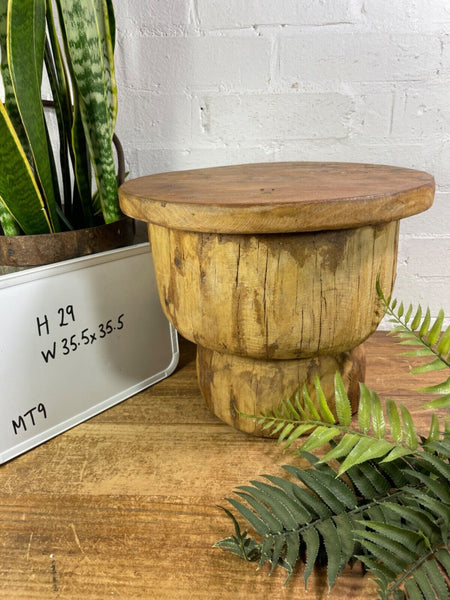 Vintage Rustic Wabi Sabi Indian Wooden Mortar Side Lamp Drinks Table Plant Stand