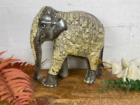 Vintage Hand Carved Wooden Indian Kashmiri Hand Painted Elephant Statue Gift