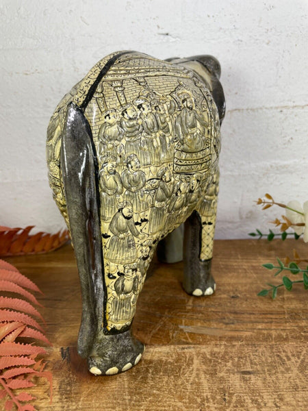 Vintage Hand Carved Wooden Indian Kashmiri Hand Painted Elephant Statue Gift