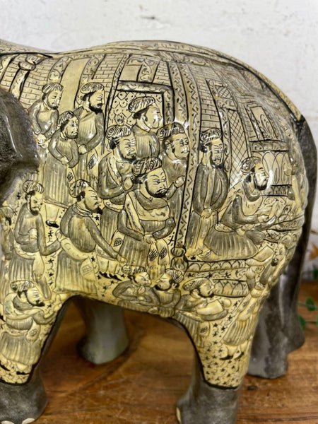 Vintage Hand Carved Wooden Indian Kashmiri Hand Painted Elephant Statue Gift