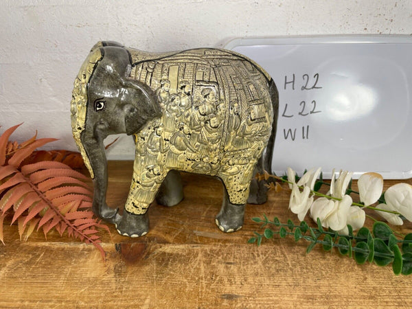 Vintage Hand Carved Wooden Indian Kashmiri Hand Painted Elephant Statue Gift