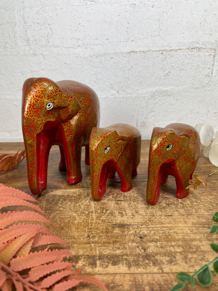 Set Family Hand Carved Wooden Indian Kashmiri Hand Painted Elephant Statue Gift