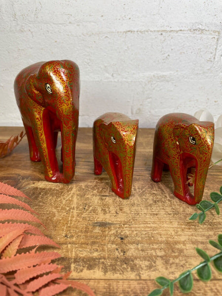 Set Family Hand Carved Wooden Indian Kashmiri Hand Painted Elephant Statue Gift