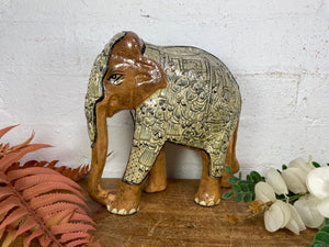 Vintage Hand Carved Wooden Indian Kashmiri Hand Painted Elephant Statue Gift