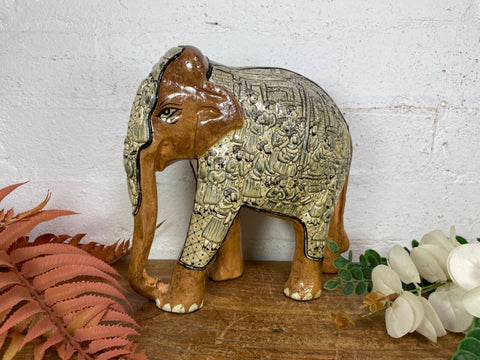 Vintage Hand Carved Wooden Indian Kashmiri Hand Painted Elephant Statue Gift