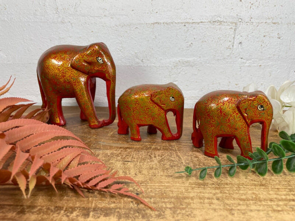 Set Family Hand Carved Wooden Indian Kashmiri Hand Painted Elephant Statue Gift