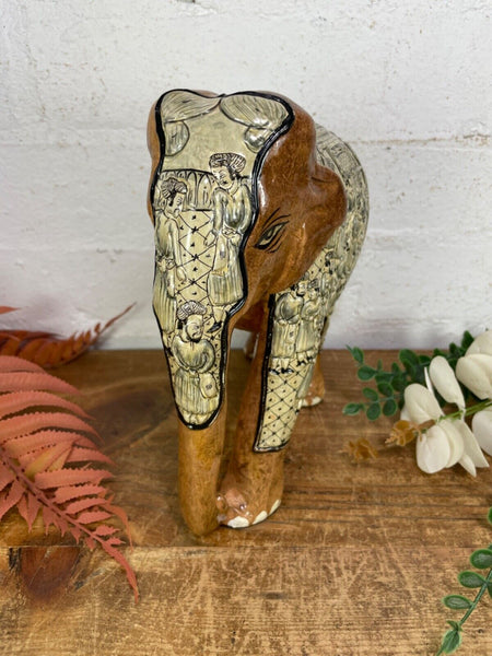 Vintage Hand Carved Wooden Indian Kashmiri Hand Painted Elephant Statue Gift