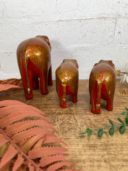 Set Family Hand Carved Wooden Indian Kashmiri Hand Painted Elephant Statue Gift