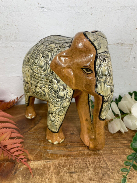 Vintage Hand Carved Wooden Indian Kashmiri Hand Painted Elephant Statue Gift