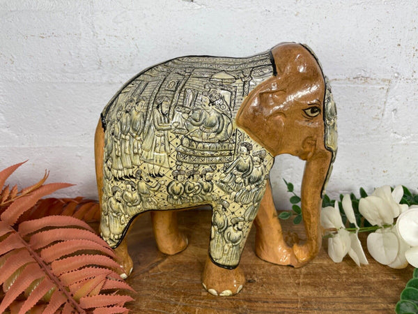 Vintage Hand Carved Wooden Indian Kashmiri Hand Painted Elephant Statue Gift