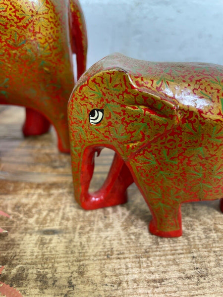 Set Family Hand Carved Wooden Indian Kashmiri Hand Painted Elephant Statue Gift