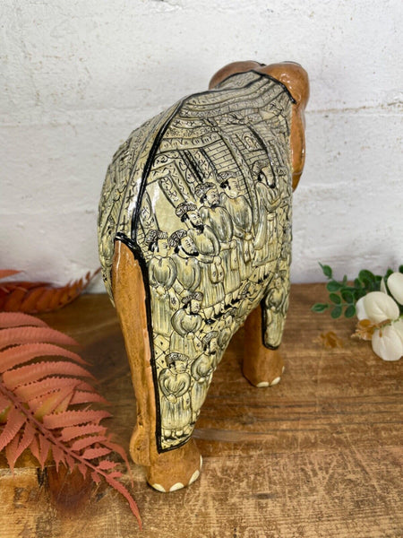 Vintage Hand Carved Wooden Indian Kashmiri Hand Painted Elephant Statue Gift
