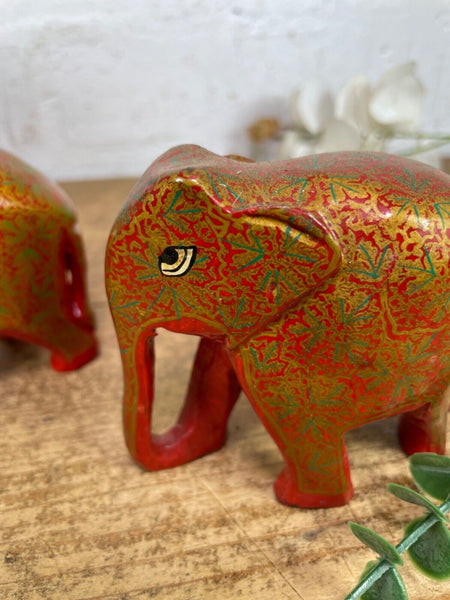 Set Family Hand Carved Wooden Indian Kashmiri Hand Painted Elephant Statue Gift