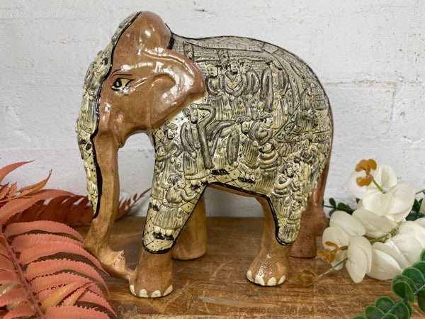 Vintage Hand Carved Wooden Indian Kashmiri Hand Painted Elephant Statue Gift