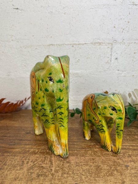Set Family Hand Carved Wooden Indian Kashmiri Hand Painted Elephant Statue Gift