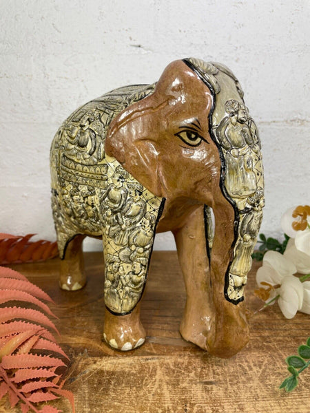 Vintage Hand Carved Wooden Indian Kashmiri Hand Painted Elephant Statue Gift