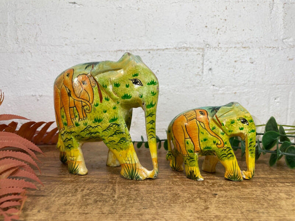 Set Family Hand Carved Wooden Indian Kashmiri Hand Painted Elephant Statue Gift
