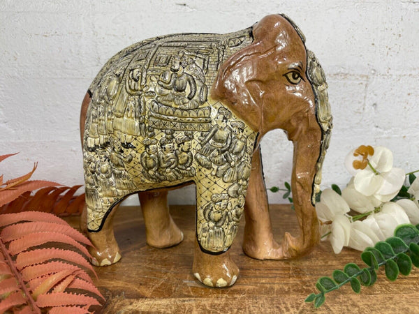 Vintage Hand Carved Wooden Indian Kashmiri Hand Painted Elephant Statue Gift