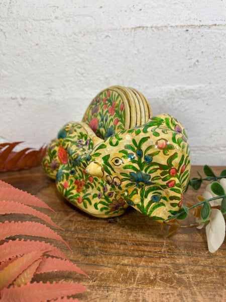 Vintage Kashmiri Paper Mache Elephant Floral Hand Painted Drinks Coaster Set