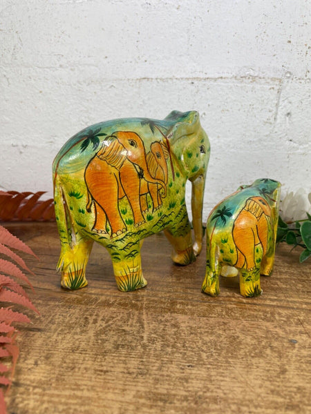 Set Family Hand Carved Wooden Indian Kashmiri Hand Painted Elephant Statue Gift