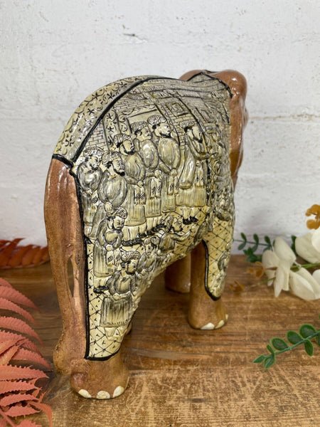 Vintage Hand Carved Wooden Indian Kashmiri Hand Painted Elephant Statue Gift
