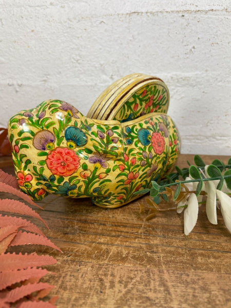 Vintage Kashmiri Paper Mache Elephant Floral Hand Painted Drinks Coaster Set