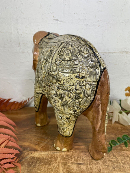 Vintage Hand Carved Wooden Indian Kashmiri Hand Painted Elephant Statue Gift