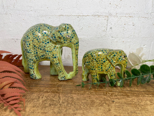 Set Family Hand Carved Wooden Indian Kashmiri Hand Painted Elephant Statue Gift