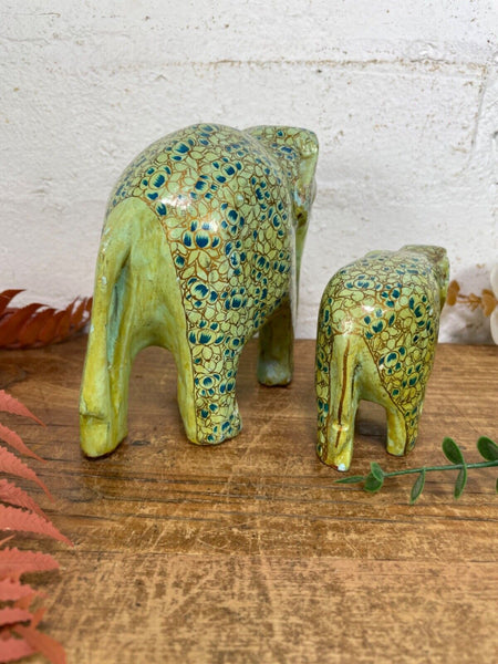 Set Family Hand Carved Wooden Indian Kashmiri Hand Painted Elephant Statue Gift