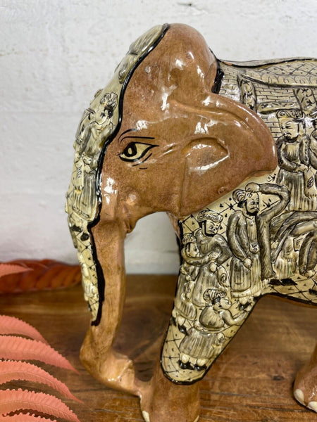 Vintage Hand Carved Wooden Indian Kashmiri Hand Painted Elephant Statue Gift