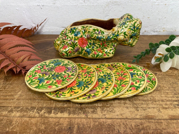 Vintage Kashmiri Paper Mache Elephant Floral Hand Painted Drinks Coaster Set