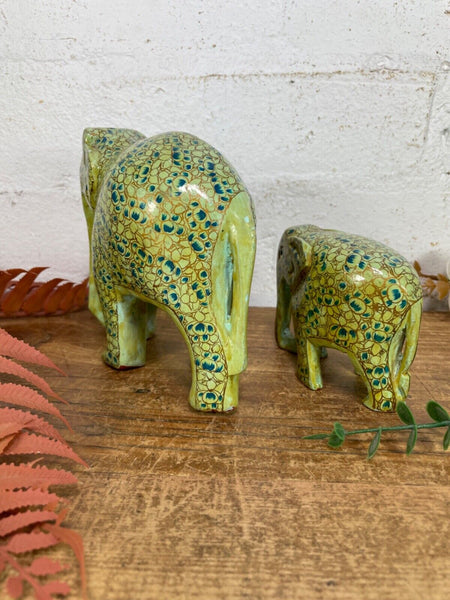 Set Family Hand Carved Wooden Indian Kashmiri Hand Painted Elephant Statue Gift