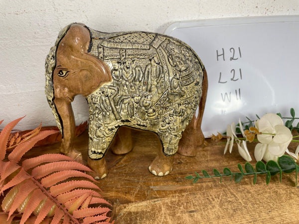 Vintage Hand Carved Wooden Indian Kashmiri Hand Painted Elephant Statue Gift