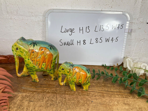 Set Family Hand Carved Wooden Indian Kashmiri Hand Painted Elephant Statue Gift