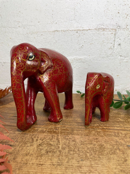 Set Family Hand Carved Wooden Indian Kashmiri Hand Painted Elephant Statue Gift