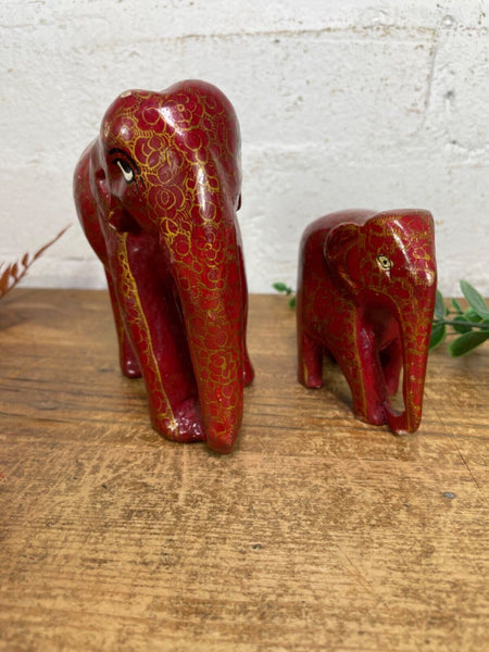 Set Family Hand Carved Wooden Indian Kashmiri Hand Painted Elephant Statue Gift