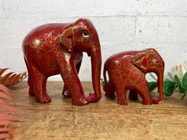Set Family Hand Carved Wooden Indian Kashmiri Hand Painted Elephant Statue Gift