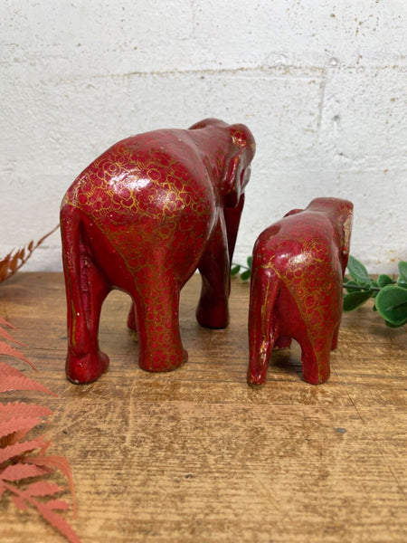 Set Family Hand Carved Wooden Indian Kashmiri Hand Painted Elephant Statue Gift