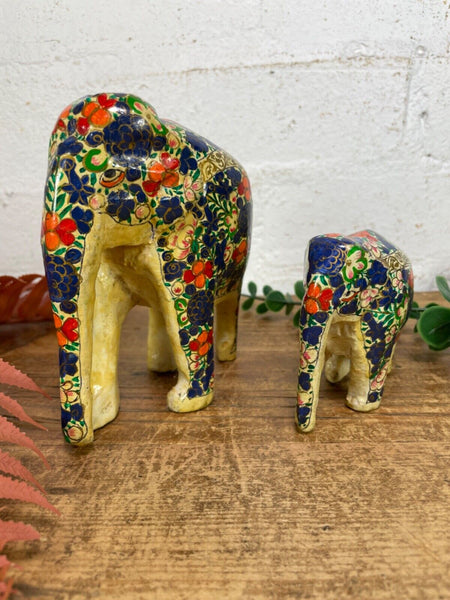 Set Family Hand Carved Wooden Indian Kashmiri Hand Painted Elephant Statue Gift