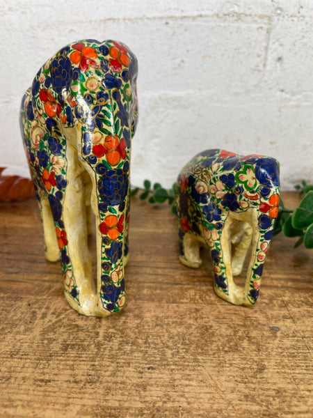 Set Family Hand Carved Wooden Indian Kashmiri Hand Painted Elephant Statue Gift