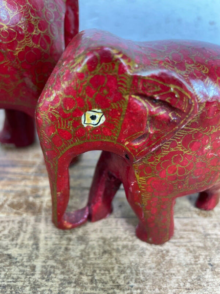 Set Family Hand Carved Wooden Indian Kashmiri Hand Painted Elephant Statue Gift